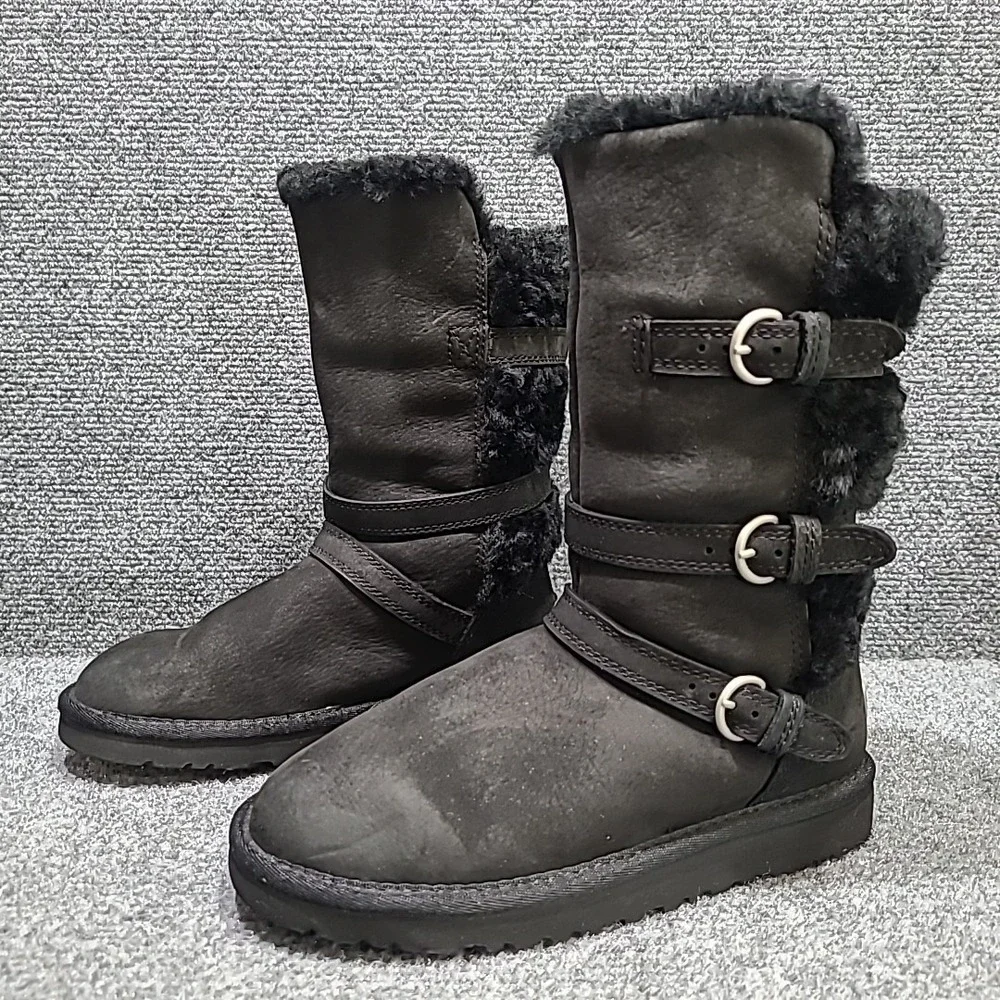 UGG Australia Becket Black Leather Sheepskin Boots Moto Buckle Kid's Size 1